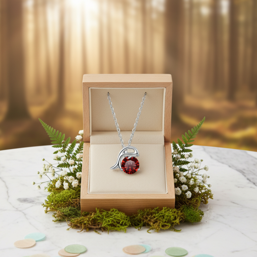 Necklace with a red gemstone in an open wooden box against a forest background
