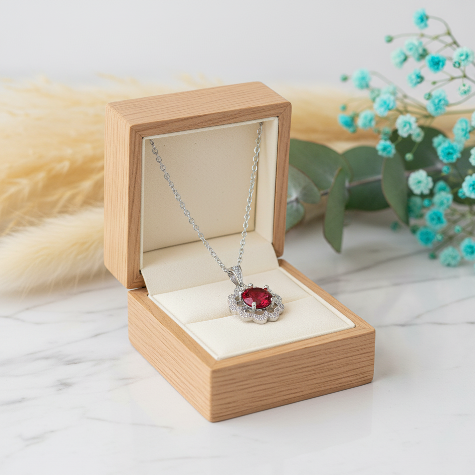 Necklace with a red gemstone in an open wooden box on a marble surface with flowers in the background.