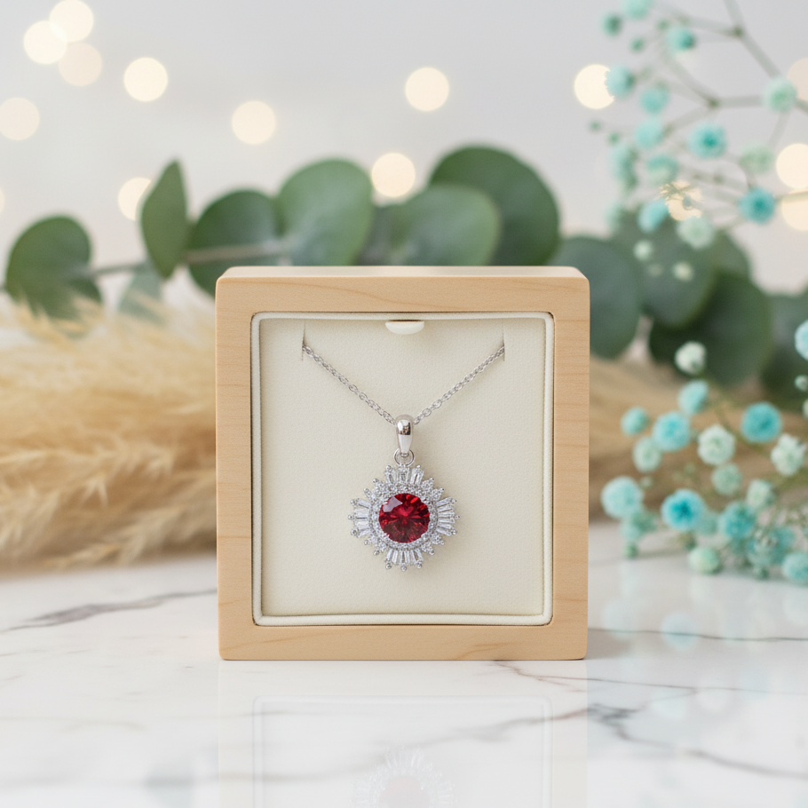 Necklace with a red gemstone pendant in a wooden box on a decorative background