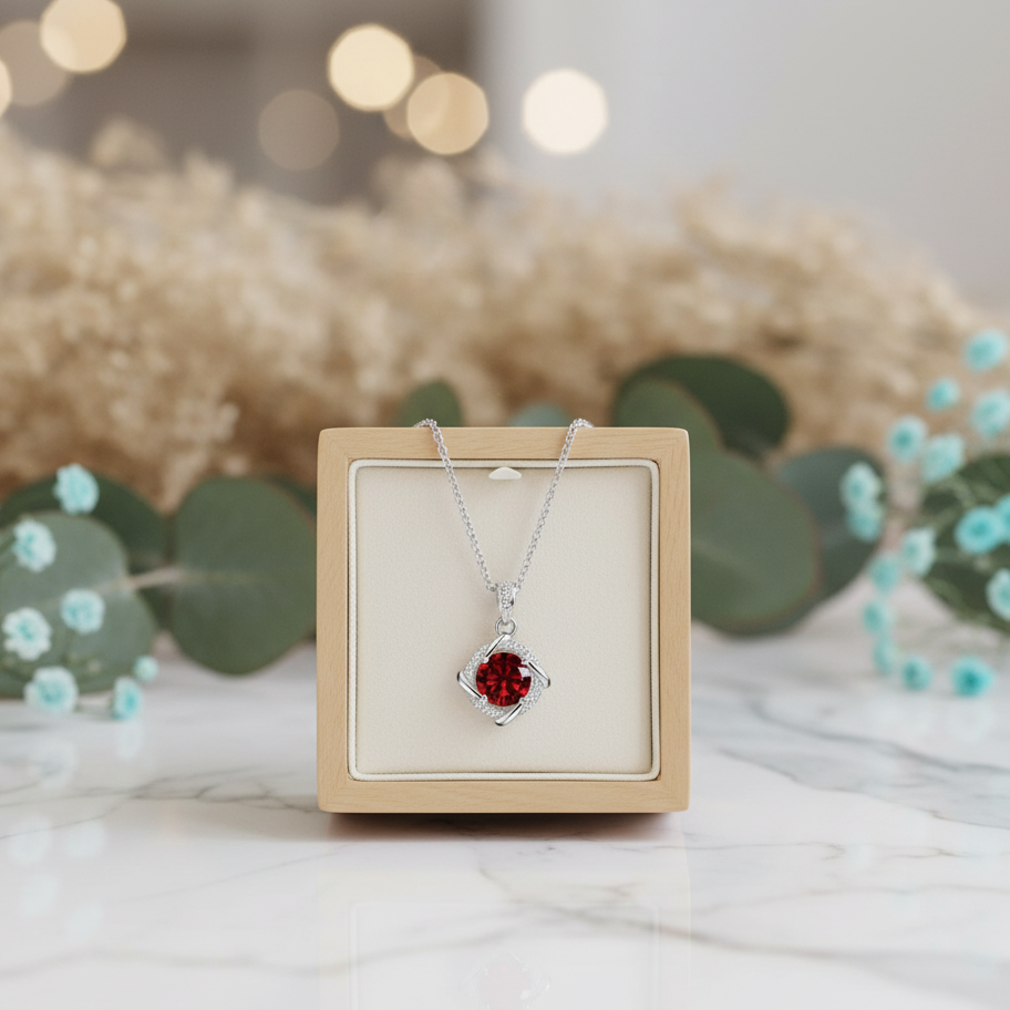 Necklace with a red gemstone pendant on a decorative card with blurred flowers and lights in the background