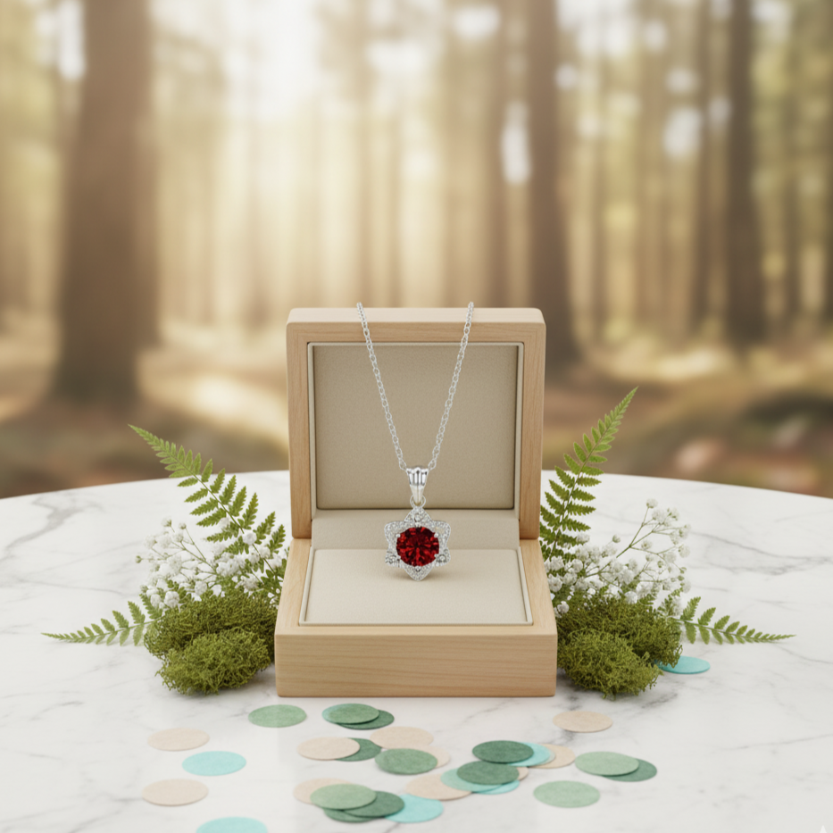Necklace with a red heart pendant in an open wooden box on a white surface with greenery, blurred forest background