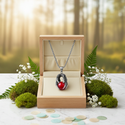 Necklace with a red pendant in an open wooden box against a forest background