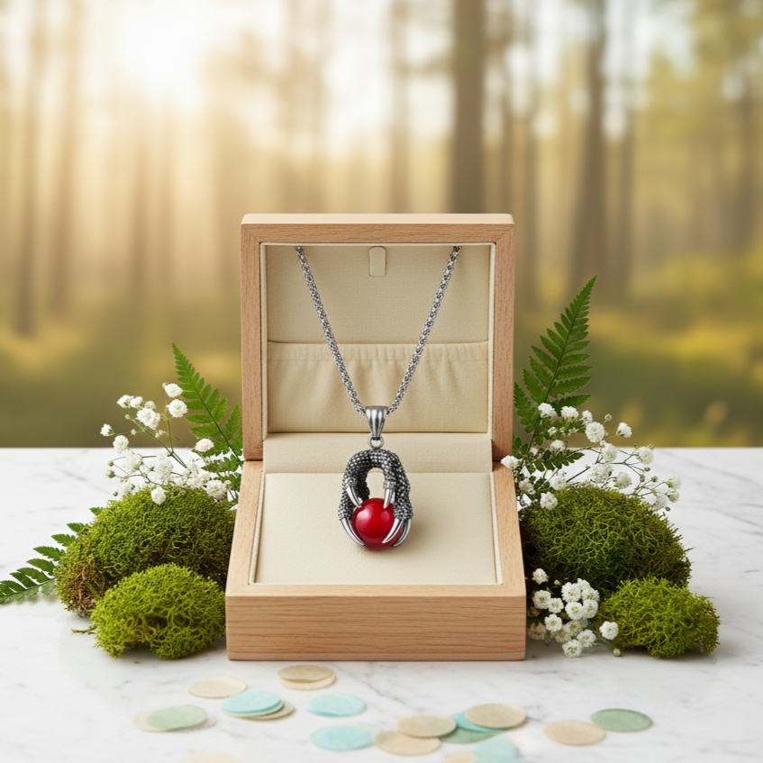 Necklace with a red pendant in an open wooden box against a forest background
