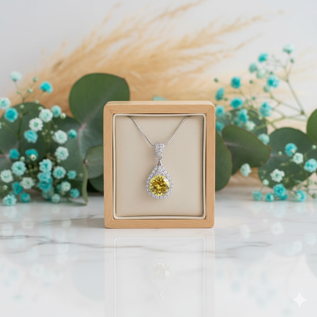 Necklace with a yellow gemstone pendant in a wooden box, surrounded by decorative plants.