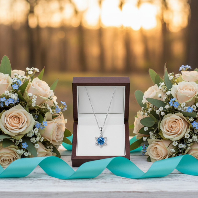 Necklace with blue pendant in a box surrounded by flowers and a turquoise ribbon on a wooden surface.