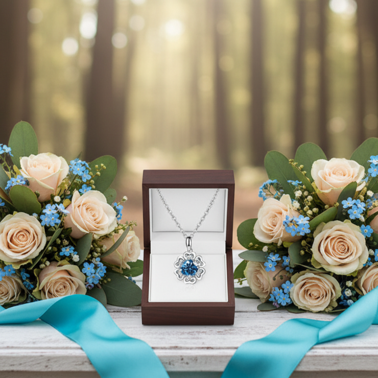 Necklace with pendant displayed on a card between two flower arrangements with blue ribbons in a forest setting.