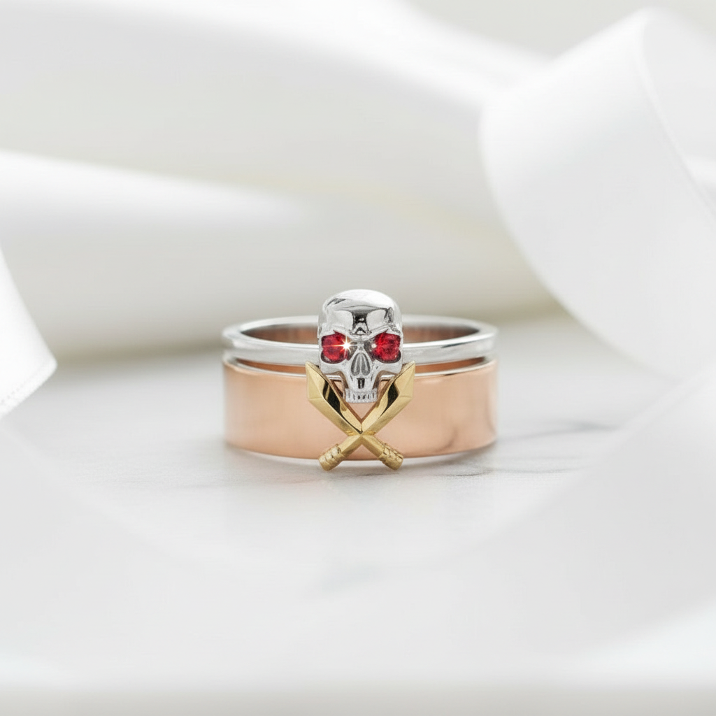 Ruby Birthstone Couples Ring in 14k Rose Gold-Evani Jewelry