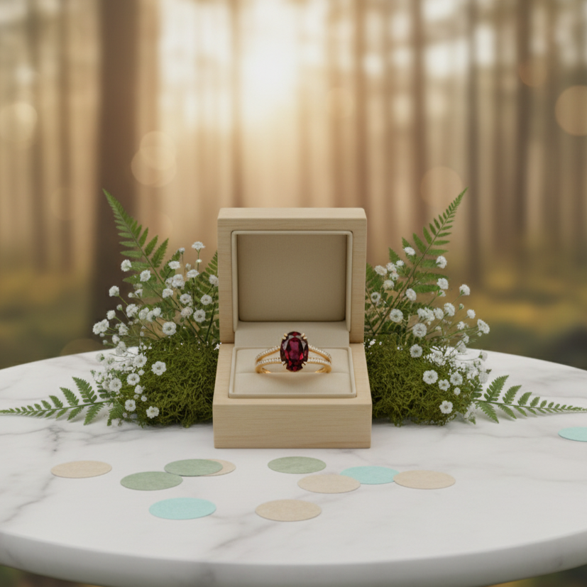 Open wooden jewelry box with a ring on a marble surface in a forest setting