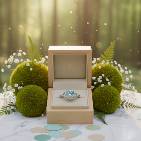 Open wooden ring box with a ring on a marble table in a forest setting