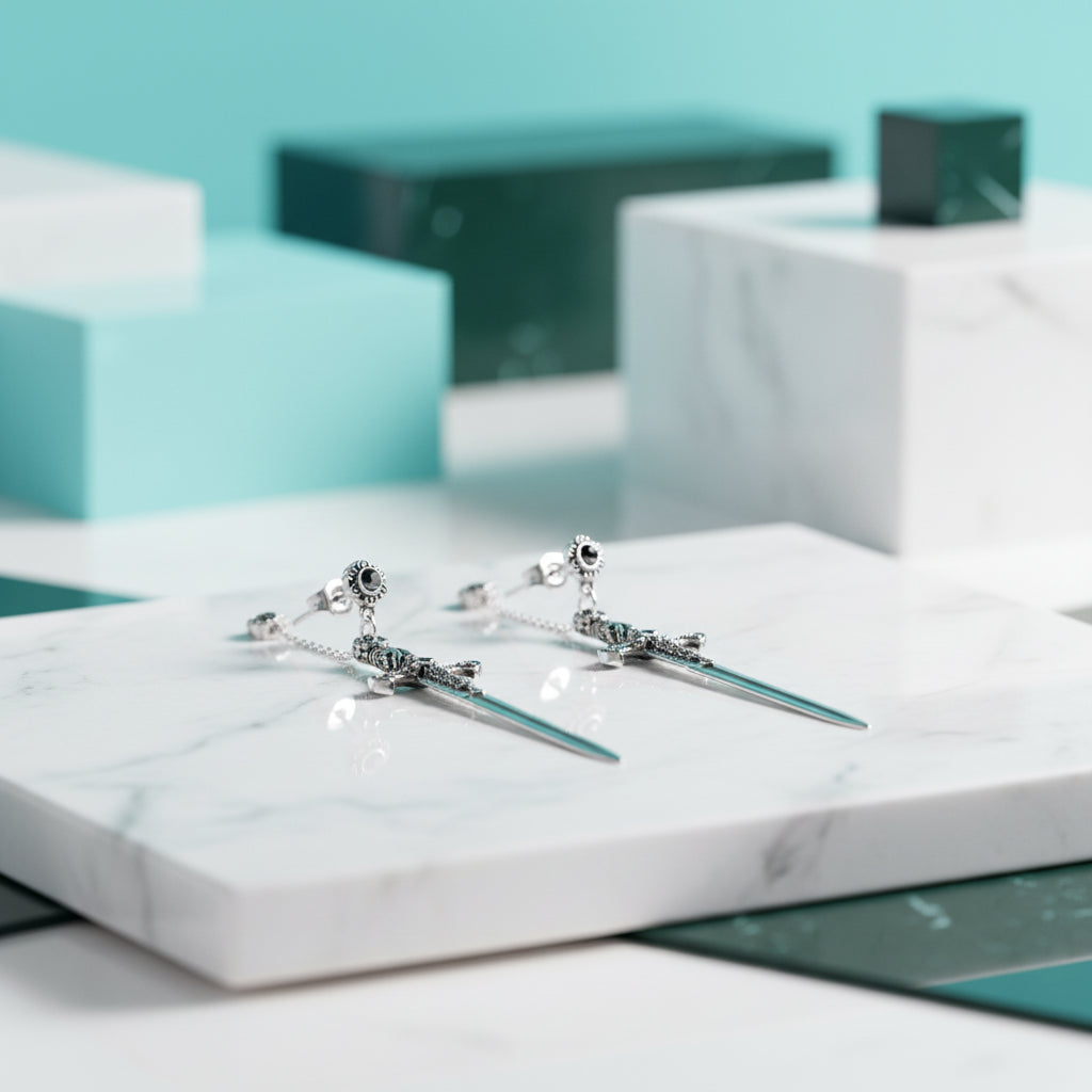 Ornamented Sword Diamond Drop Earrings-Evani Jewelry