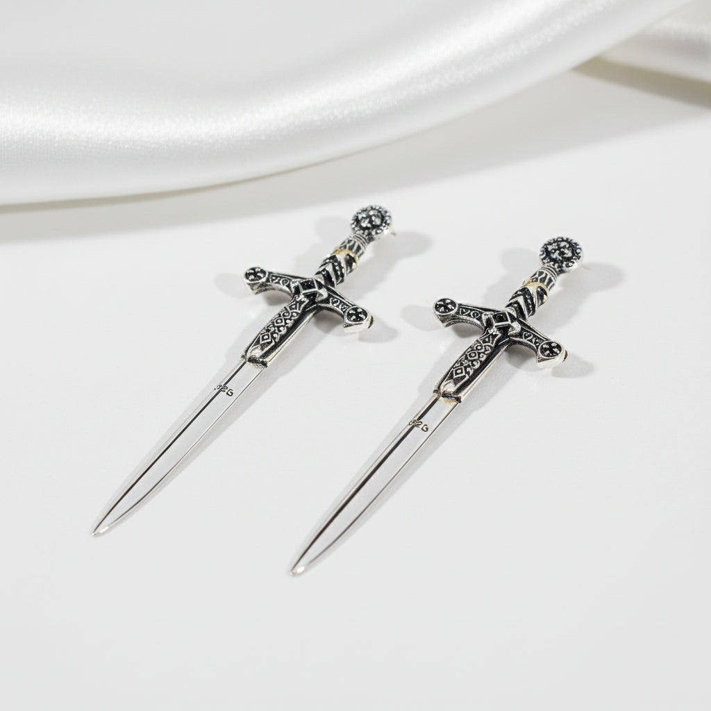 Ornamented Sword Diamond Drop Earrings-Evani Jewelry