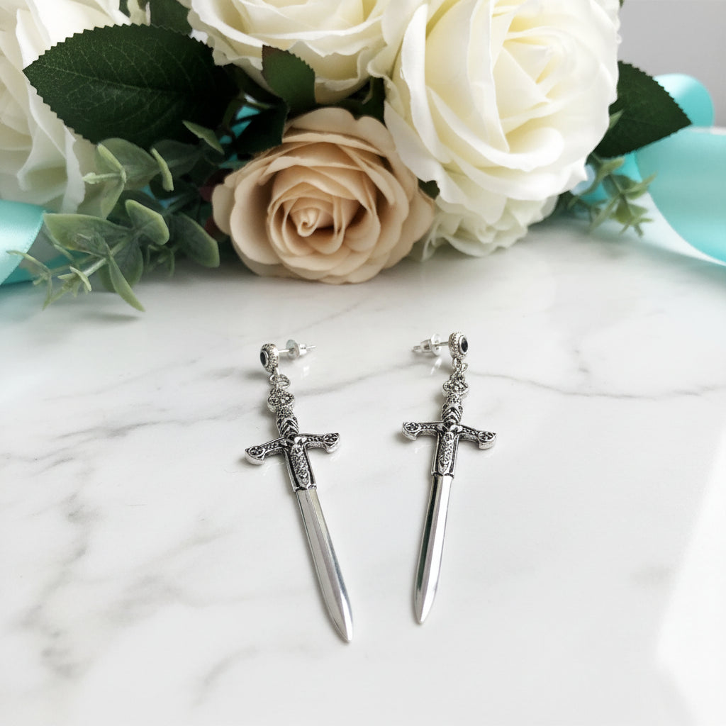 Ornamented Sword Diamond Drop Earrings-Evani Jewelry