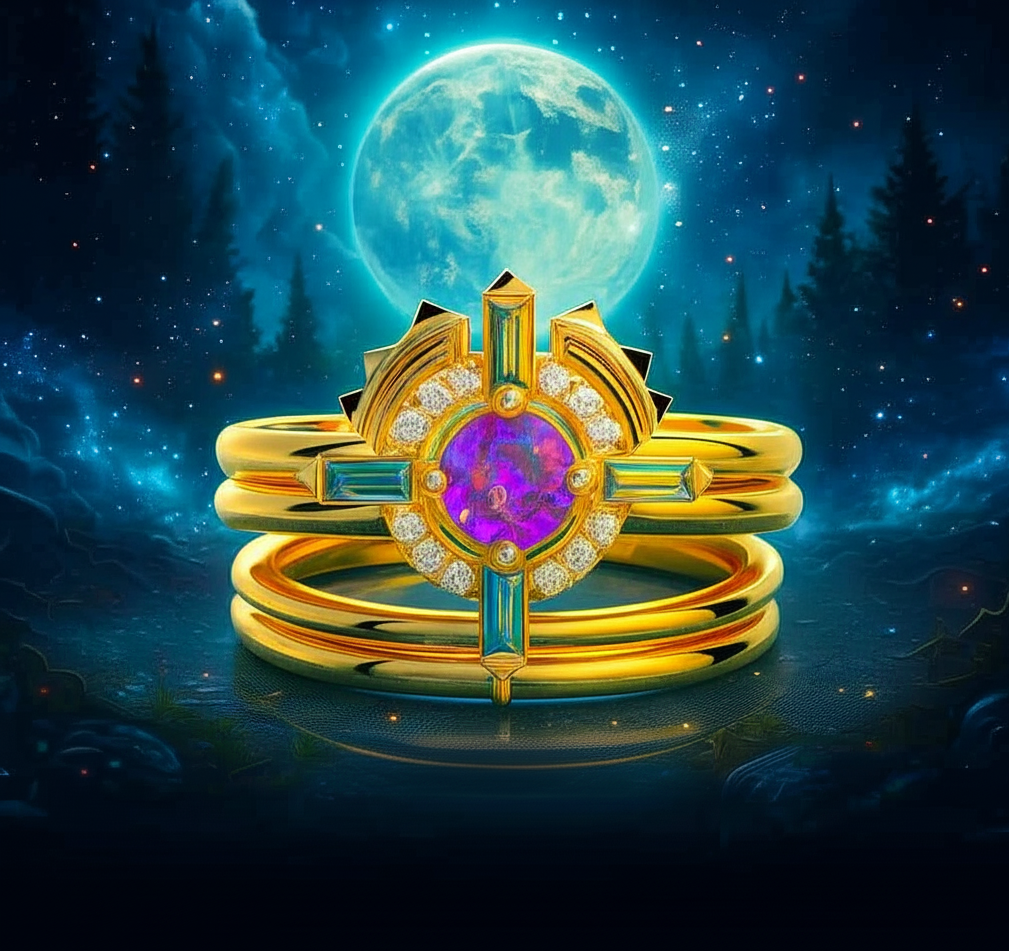 Gold rings with a purple gemstone against a mystical background with moon and trees