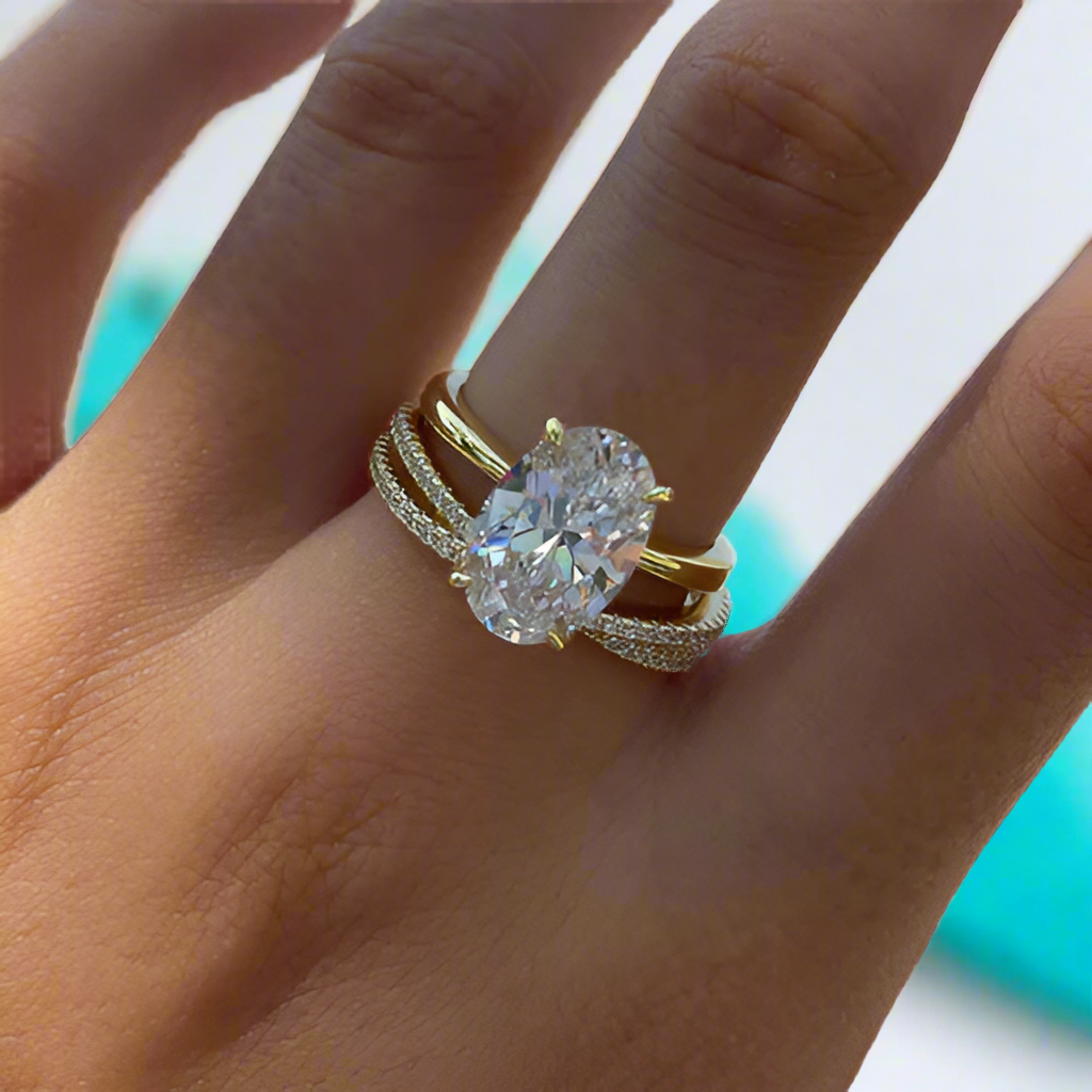 Oval Cut 3.5 ct Diamond Yellow Gold Bridal Set-Evani Naomi Jewelry
