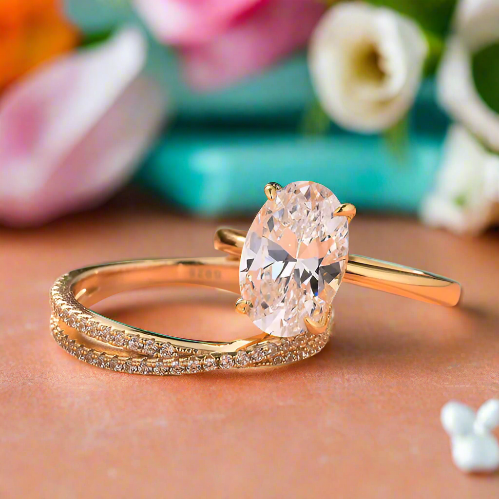 Oval Cut 3.5 ct Diamond Yellow Gold Bridal Set-Evani Naomi Jewelry