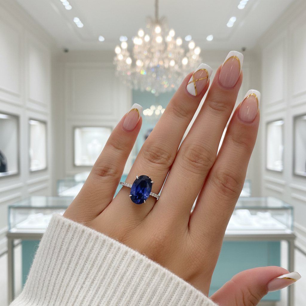 Oval Cut 3.5ct Blue Sapphire White Gold Engagement Ring-Evani Jewelry