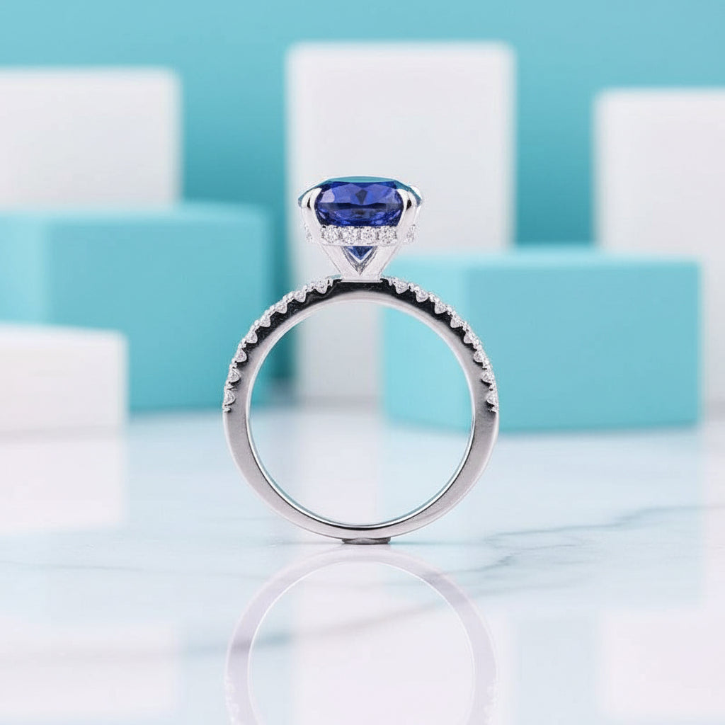 Oval Cut 3.5ct Blue Sapphire White Gold Engagement Ring-Evani Jewelry