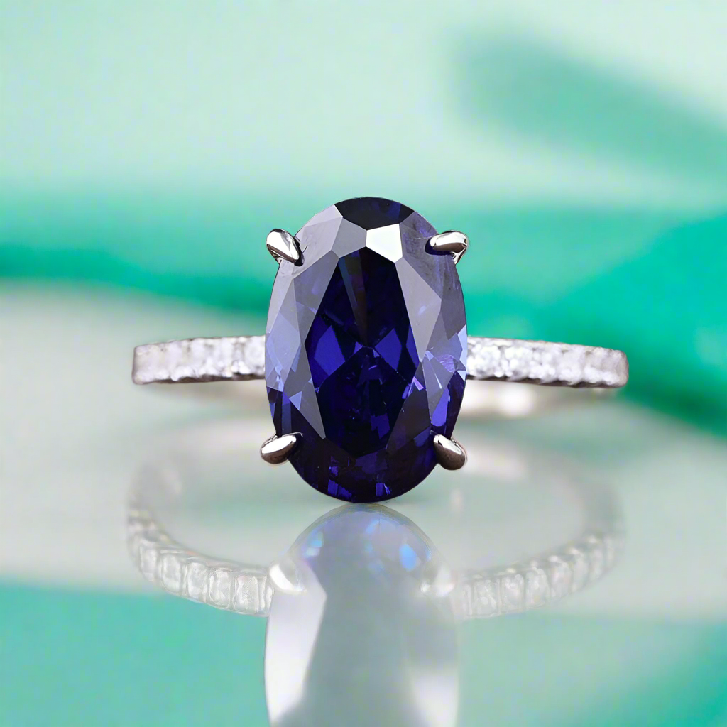 Oval Cut 3.5ct Blue Sapphire Diamond White Gold Engagement Ring-Evani Naomi Jewelry