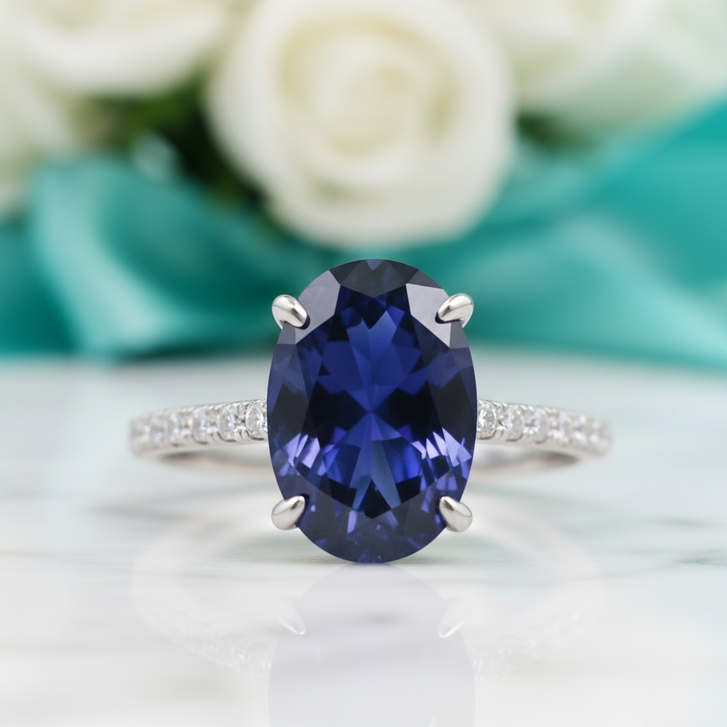 Oval Cut 3.5ct Blue Sapphire White Gold Engagement Ring-Evani Jewelry
