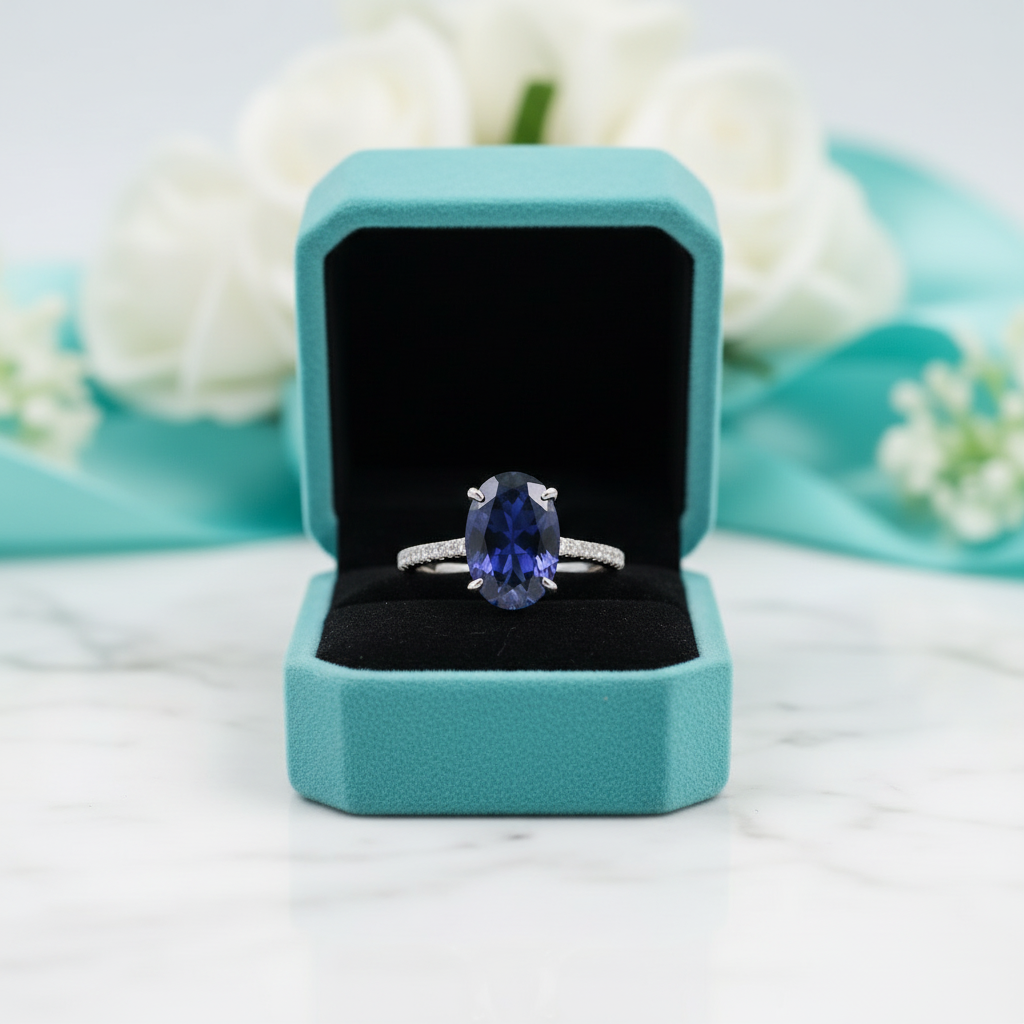 Oval Cut 3.5ct Blue Sapphire White Gold Engagement Ring-Evani Jewelry