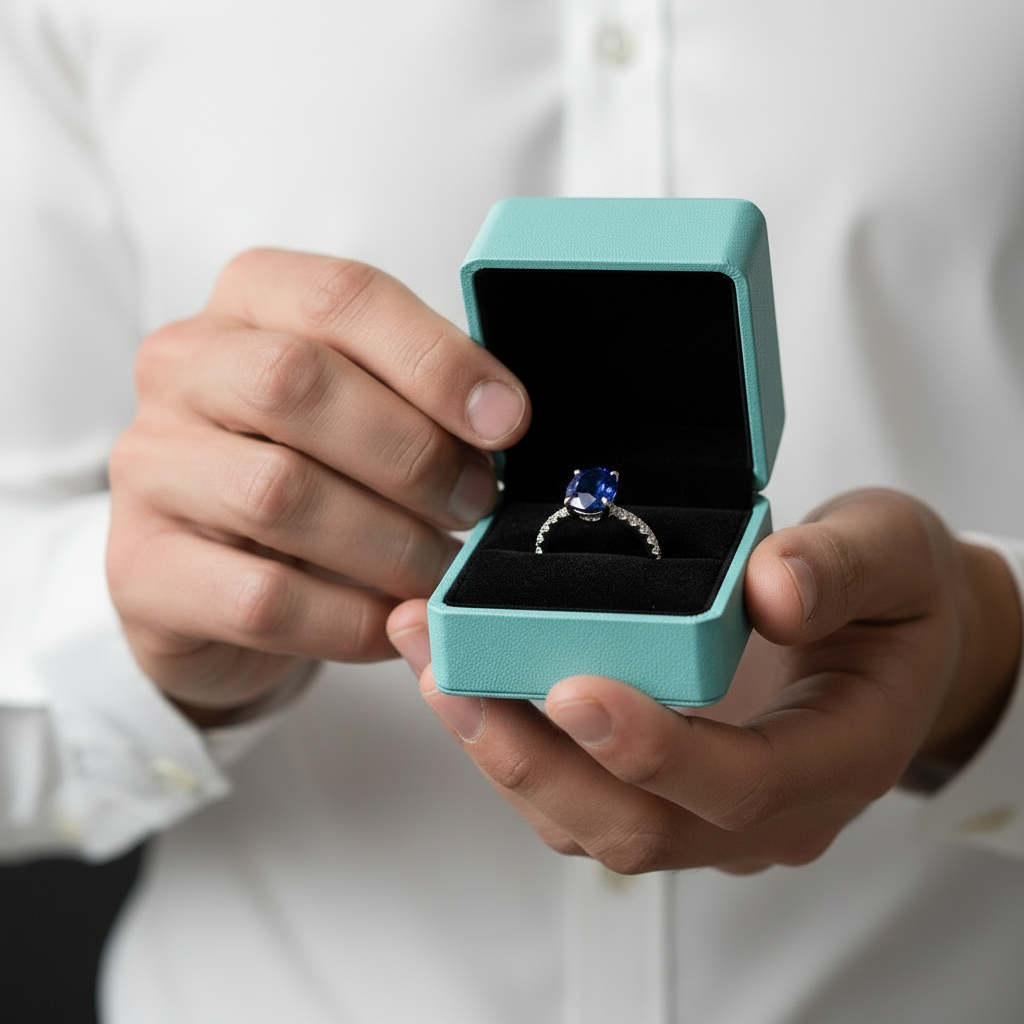 Oval Cut 3.5ct Blue Sapphire White Gold Engagement Ring-Evani Jewelry