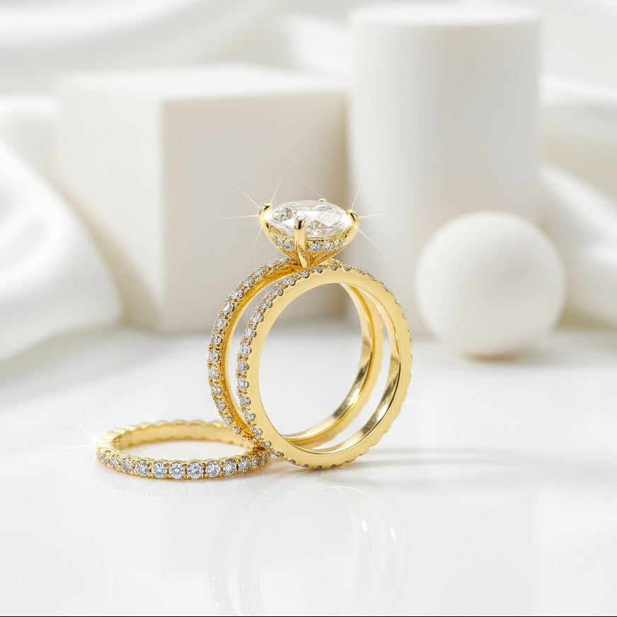 Oval Cut 3.5ct Diamond 3 Pieces Yellow Gold Bridal Set-Evani Jewelry