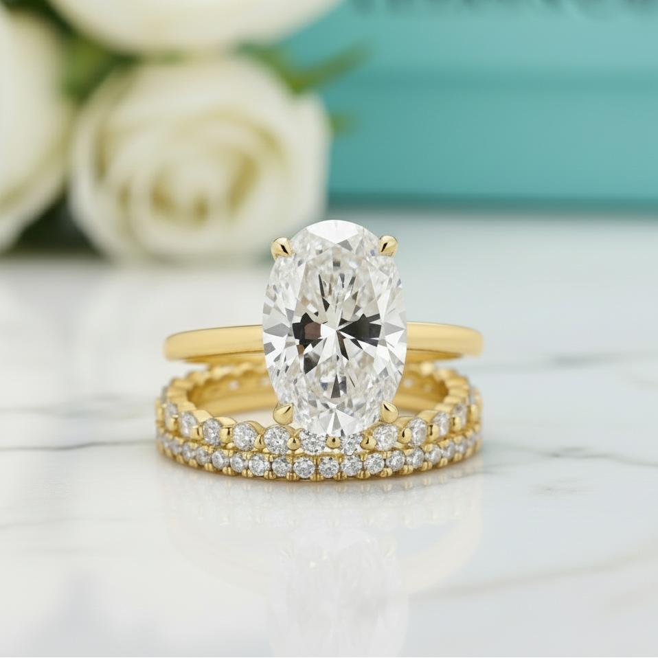 Oval Cut 3.5ct Diamond Option3 Pieces Yellow Gold Bridal Set