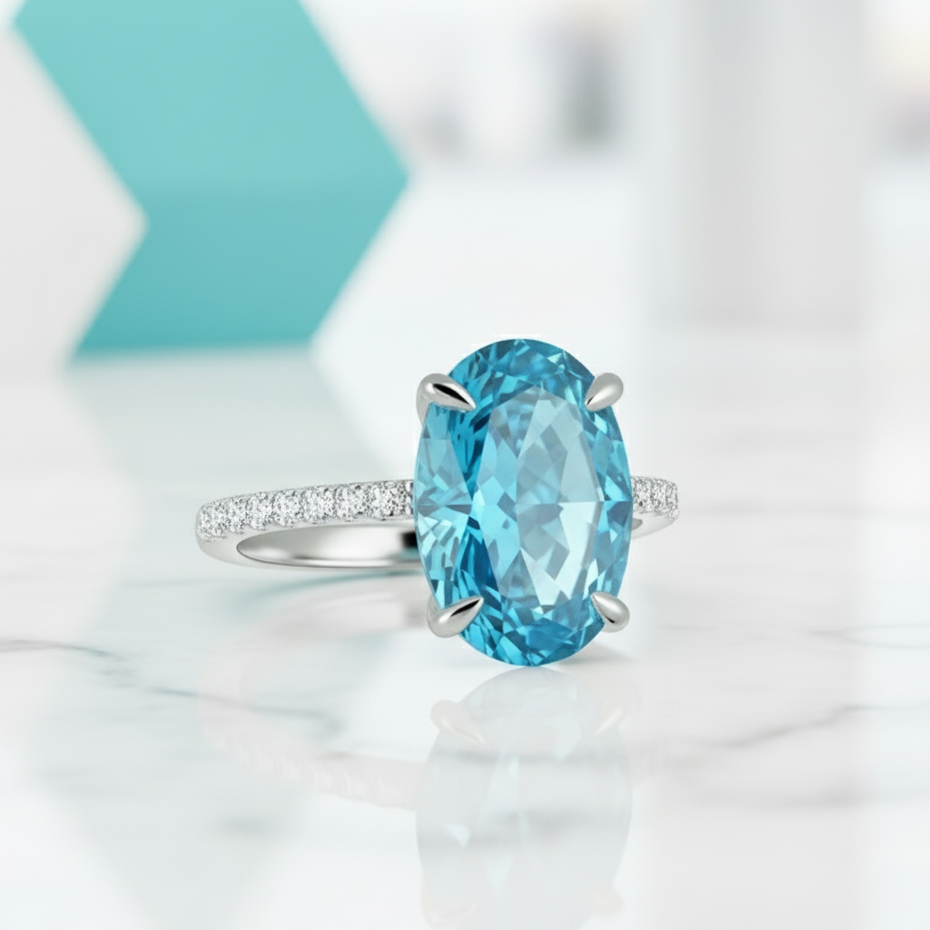 Oval Cut 3.5ct Light Aquamarine Engagement Ring-Evani Jewelry
