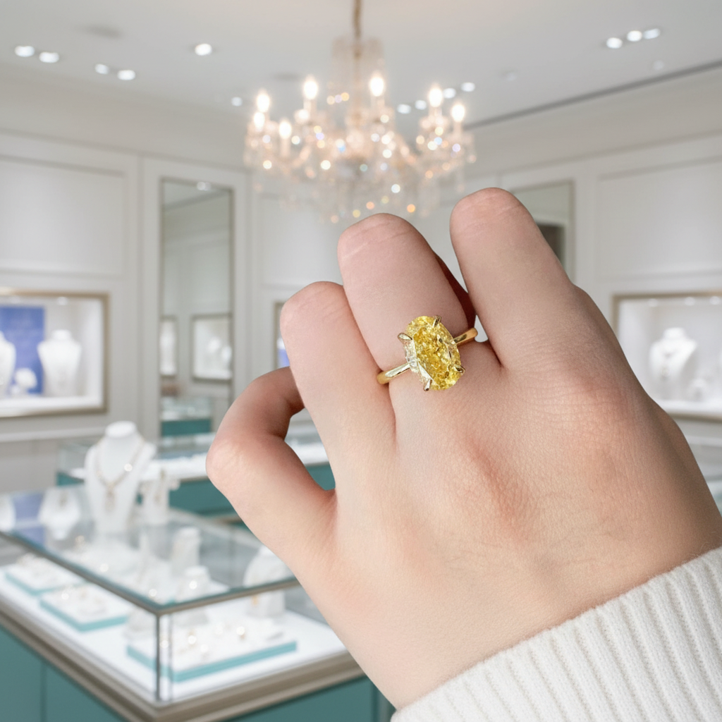 Oval Cut 3.5ct Yellow Diamond Yellow Gold Engagement Ring-Evani Jewelry