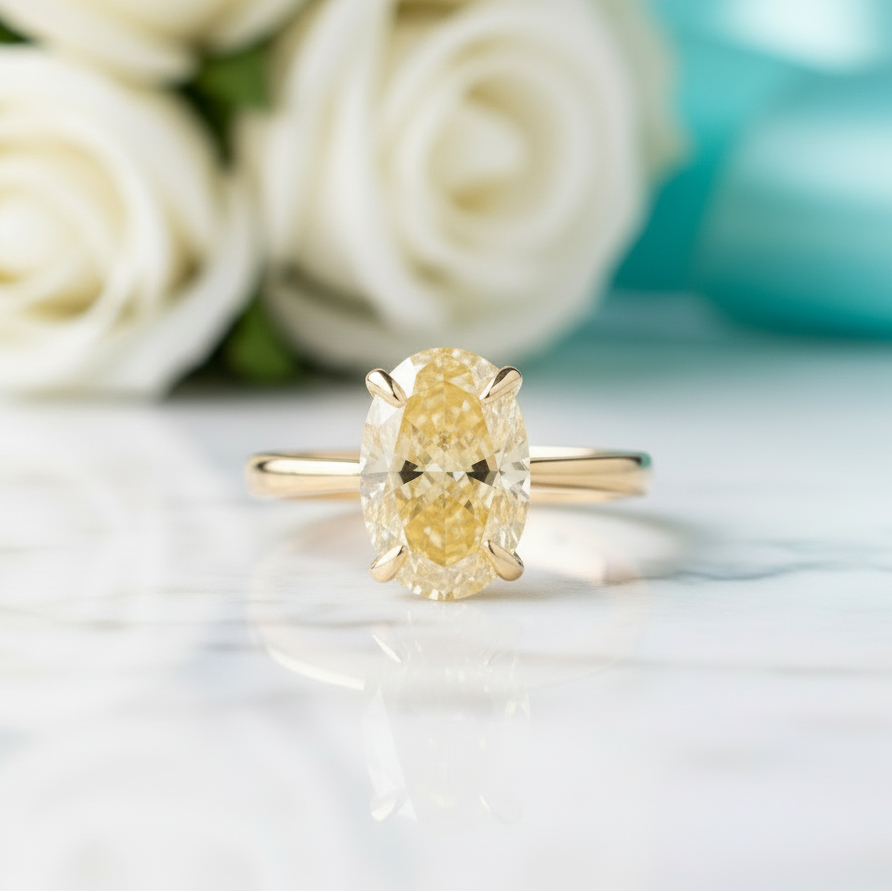 Oval Cut 3.5ct Yellow Diamond Yellow Gold Engagement Ring-Evani Jewelry