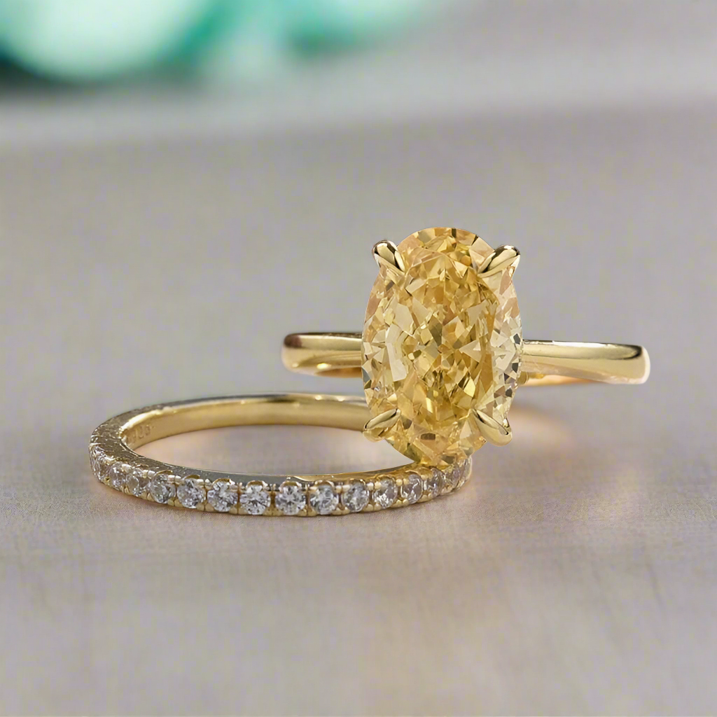 Oval Cut 3.5ct Yellow Sapphire Yellow Gold Bridal Set-Evani Jewelry