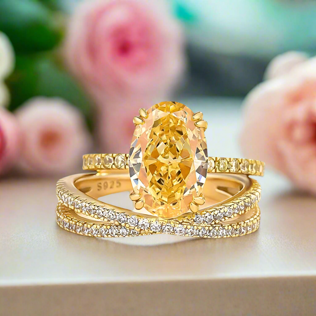 Oval Cut 3.5ct Yellow Sapphire Yellow Gold Bridal Set-Evani Jewelry