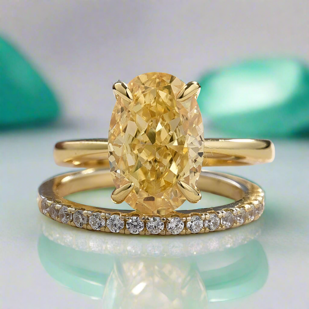 Oval Cut 3.5ct Yellow Sapphire Yellow Gold Bridal Set-Evani Jewelry