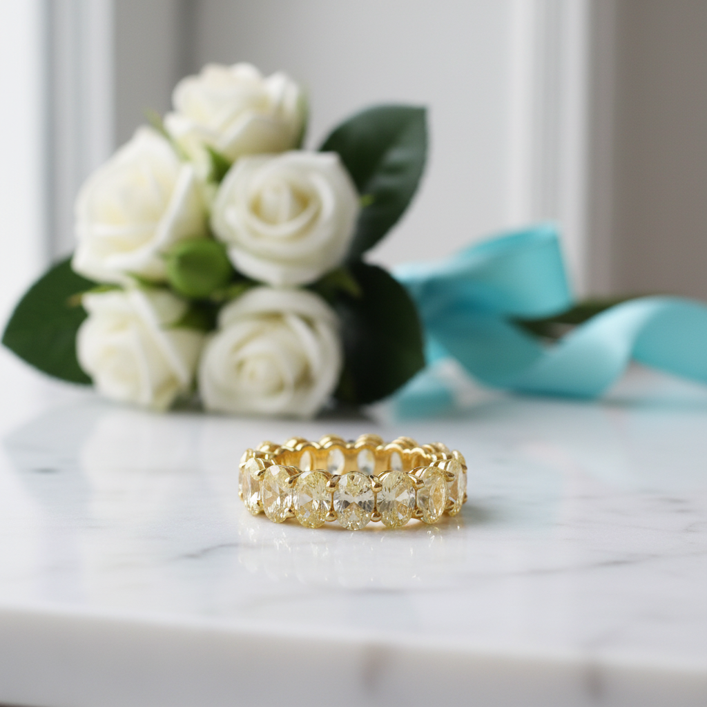 Oval Cut 8.5ct Yellow Sapphire Yellow Gold Wedding Band-Evani Jewelry