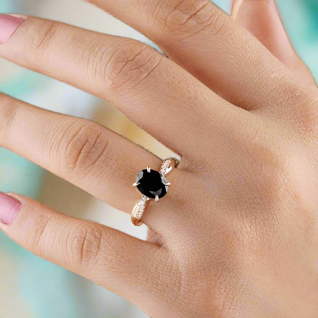 Oval Cut Black Diamond Twist Rose Gold Engagement Ring-Evani Naomi Jewelry