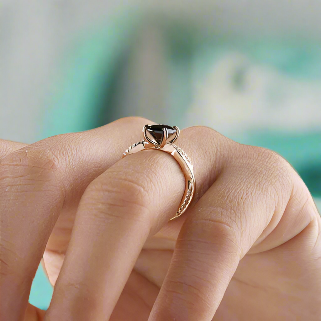 Oval Cut Black Diamond Twist Rose Gold Engagement Ring-Evani Naomi Jewelry