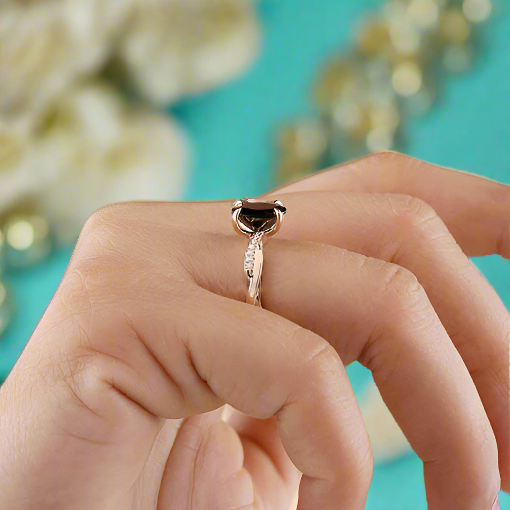 Oval Cut Black Diamond Twist Rose Gold Engagement Ring-Evani Naomi Jewelry