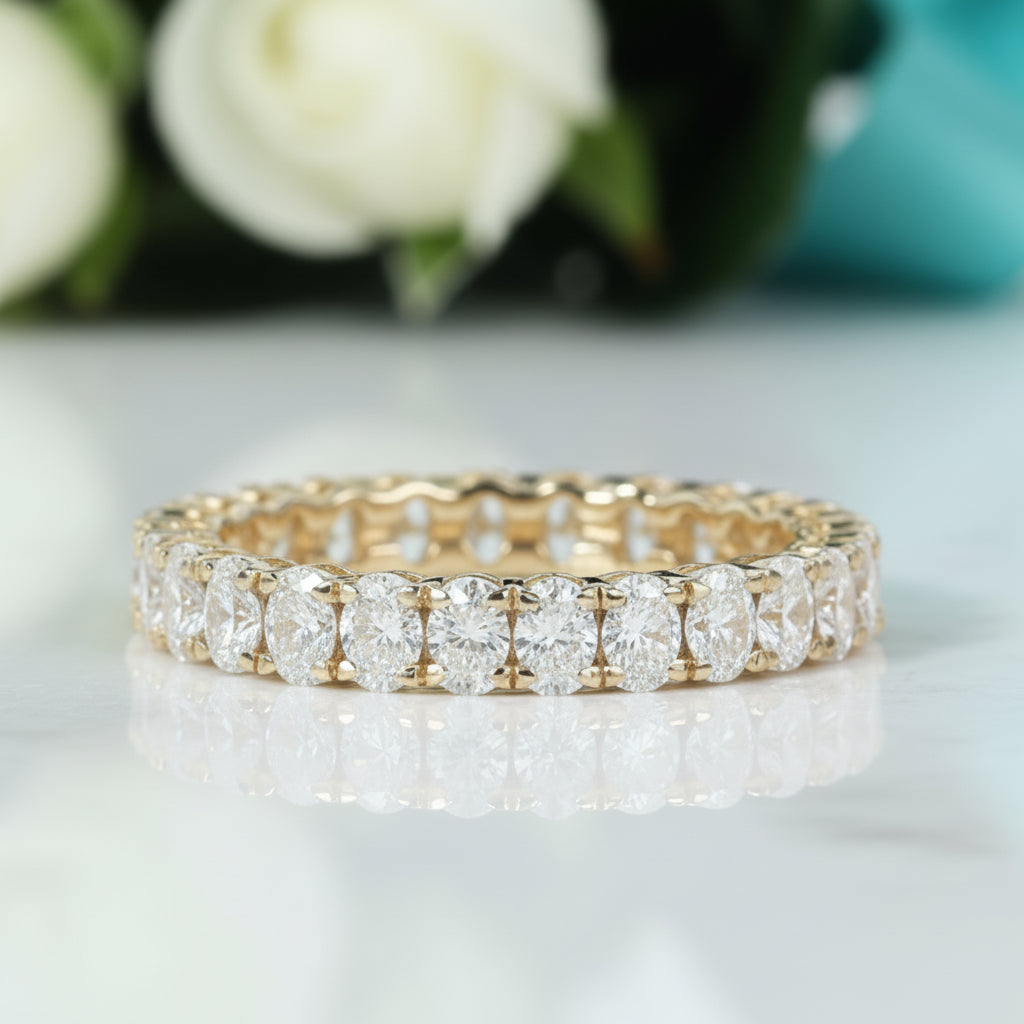 Oval Cut Diamond Stackable 18k Yellow Gold Eternity Wedding Band-Evani Jewelry