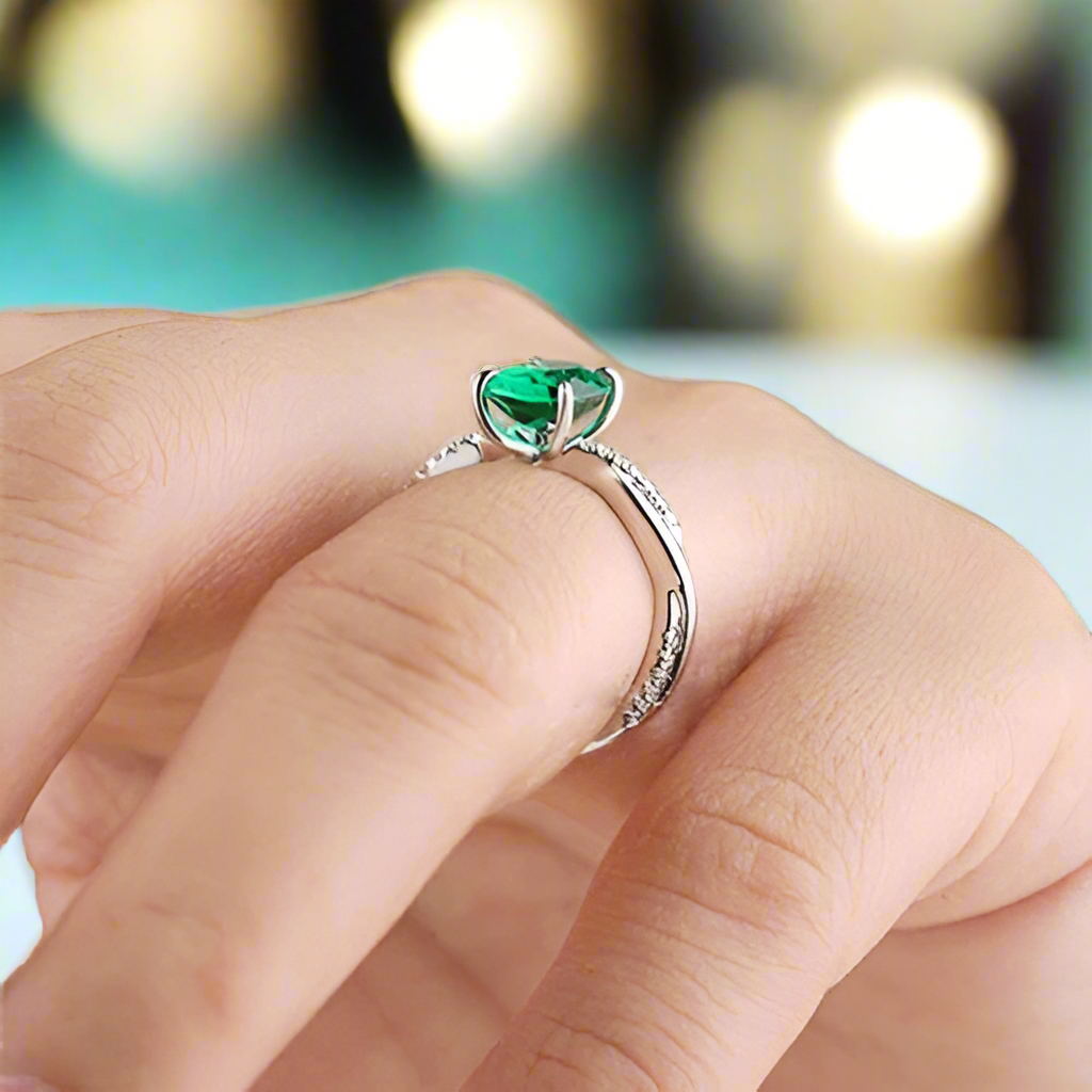 Oval Cut Emerald Green Diamond White Gold Twist Engagement Ring-Evani Jewelry
