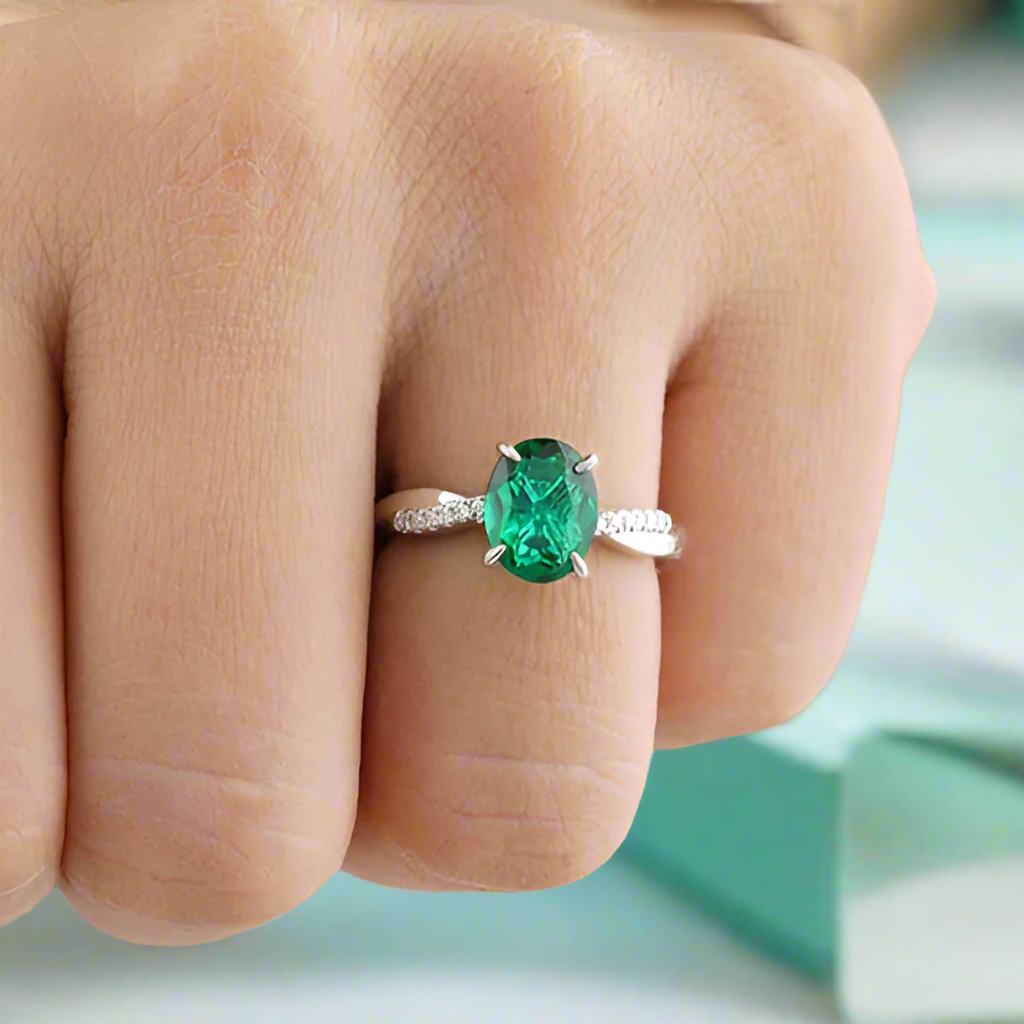 Oval Cut Emerald Green Diamond White Gold Twist Engagement Ring-Evani Naomi Jewelry
