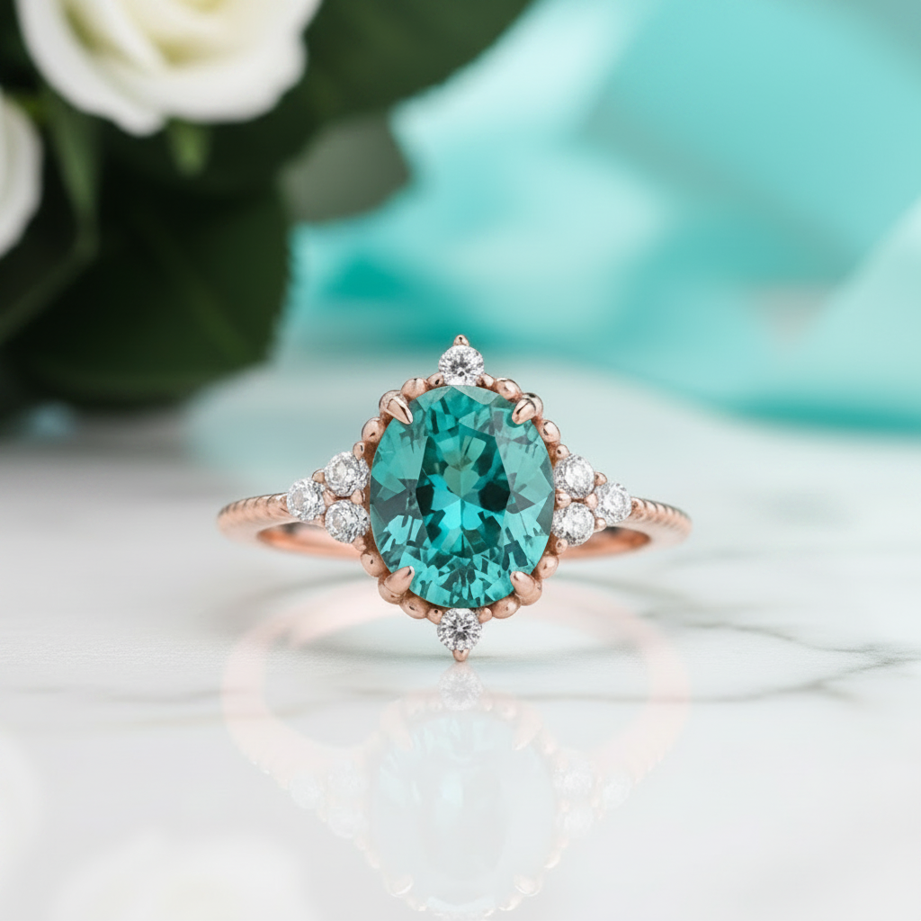 Oval Cut Paraiba Tourmaline Vintage Rose Gold Engagement Ring-Evani Jewelry