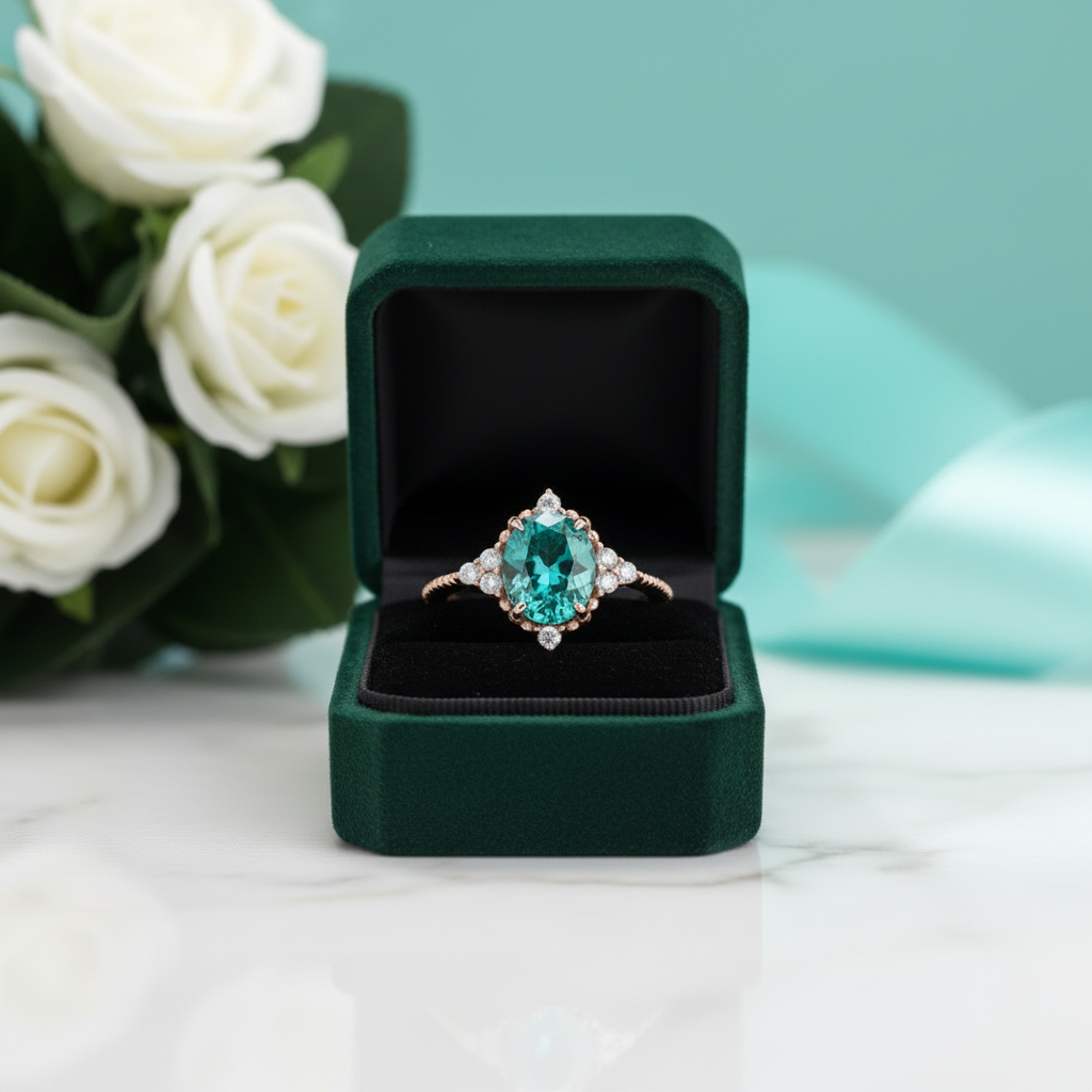 Oval Cut Paraiba Tourmaline Vintage Rose Gold Engagement Ring - Evani Naomi Jewelry
