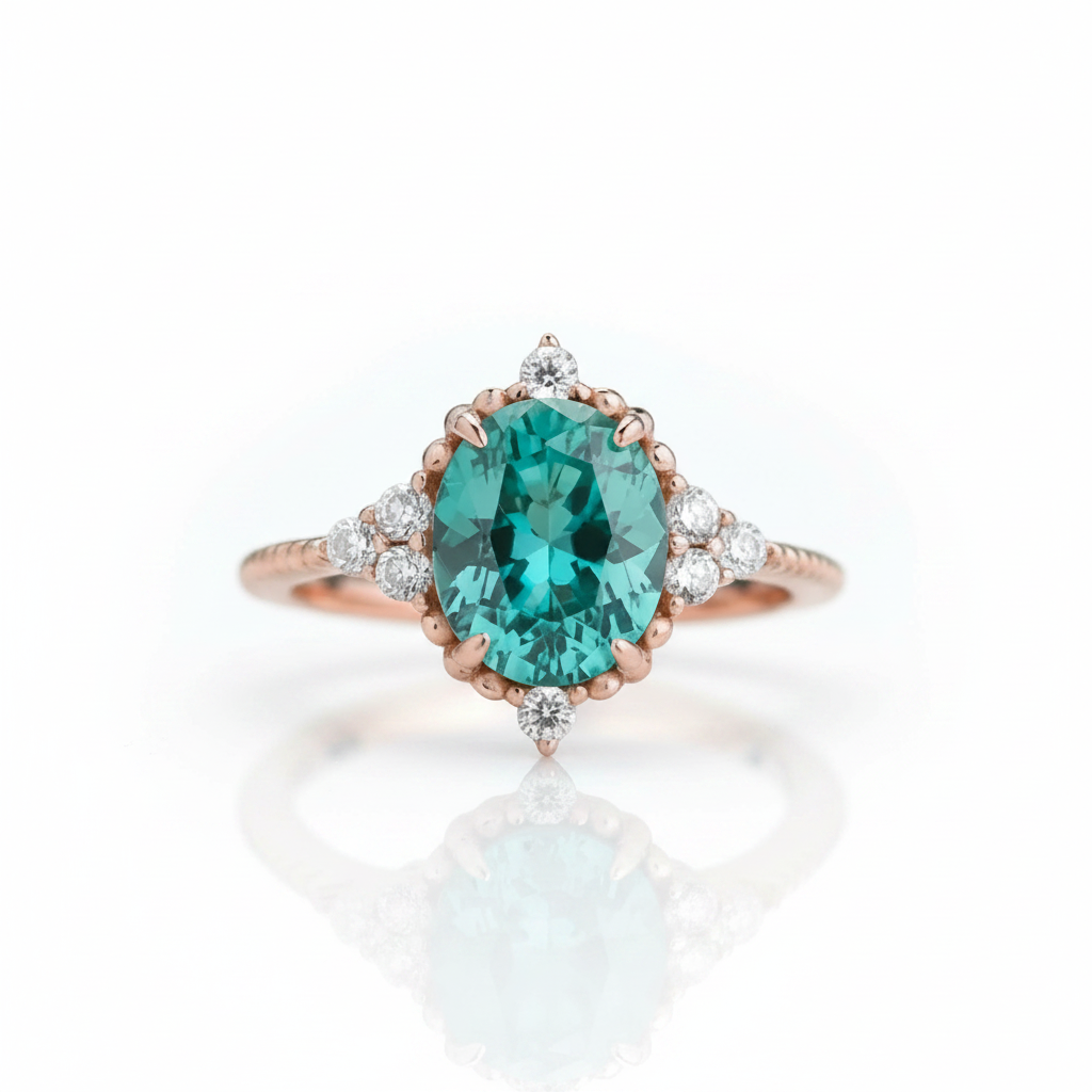 Oval Cut Paraiba Tourmaline Vintage Rose Gold Engagement Ring - Evani Naomi Jewelry
