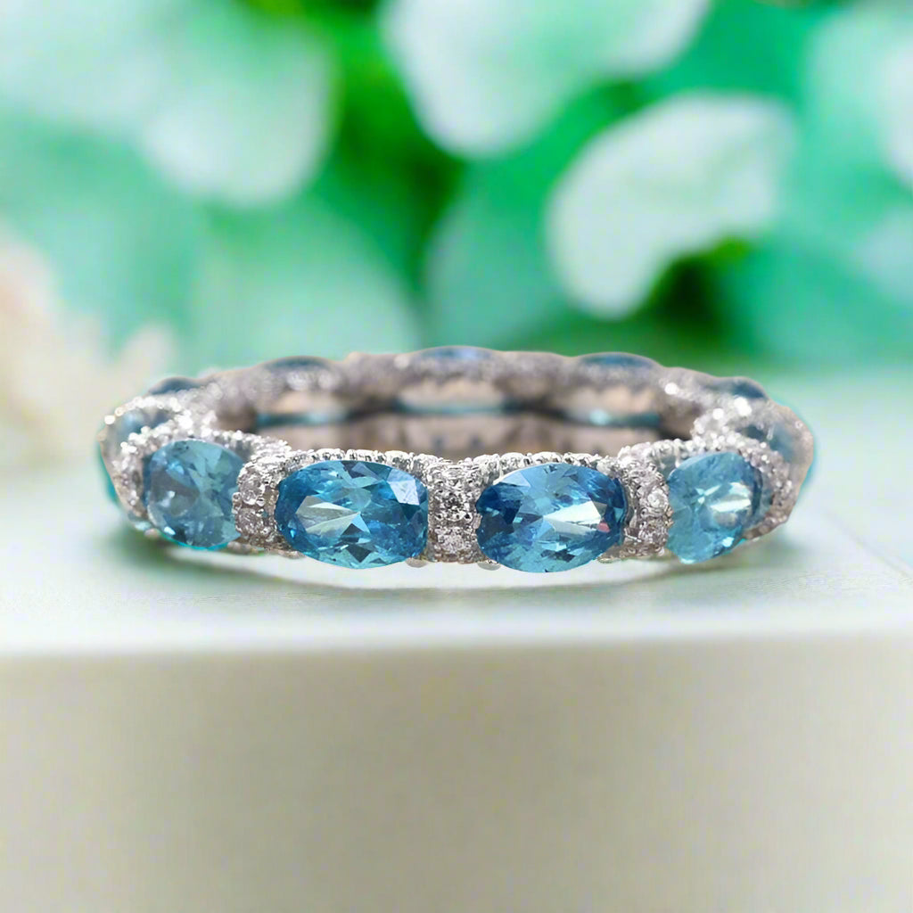 Oval-cut Aquamarine Blue Diamond Wedding Band-Evani Naomi Jewelry