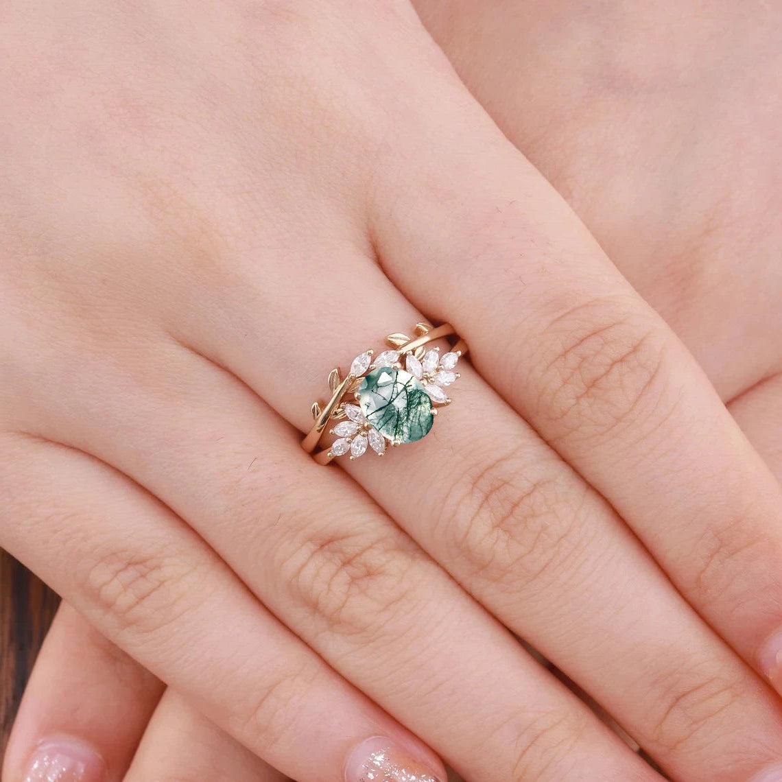 Oval Shaped Natural Moss Agate Engagement Ring for Women 925 Sterling Silver Trendy Round Cut Stacking Matching Band Bridal Set - Evani Naomi Jewelry