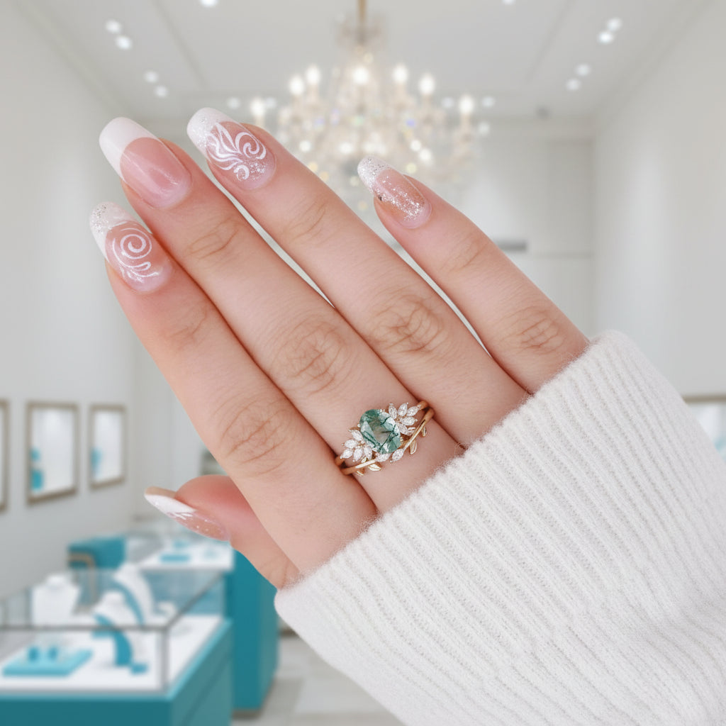 Wild and Gentle Vow- Oval Shaped Natural Moss Agate Engagement Ring-Evani Jewelry