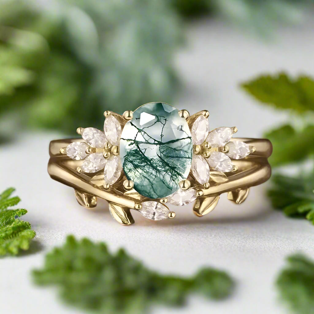 Oval Shaped Natural Moss Agate Engagement Ring for Women 925 Sterling Silver Trendy Round Cut Stacking Matching Band Bridal Set - Evani Naomi Jewelry