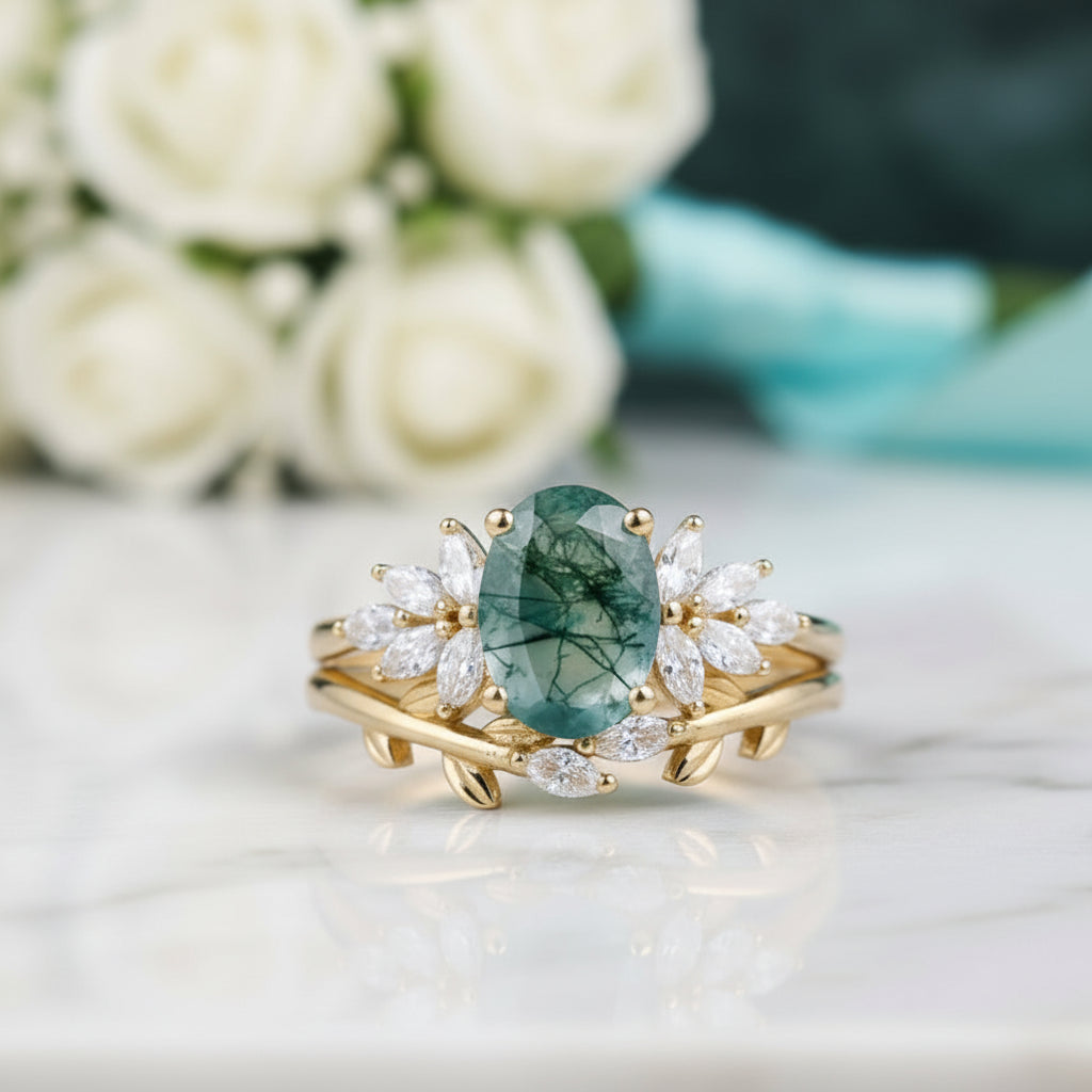 Wild and Gentle Vow- Oval Shaped Natural Moss Agate Engagement Ring-Evani Jewelry