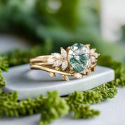 Oval Shaped Natural Moss Agate Engagement Ring for Women 925 Sterling Silver Trendy Round Cut Stacking Matching Band Bridal Set - Evani Naomi Jewelry
