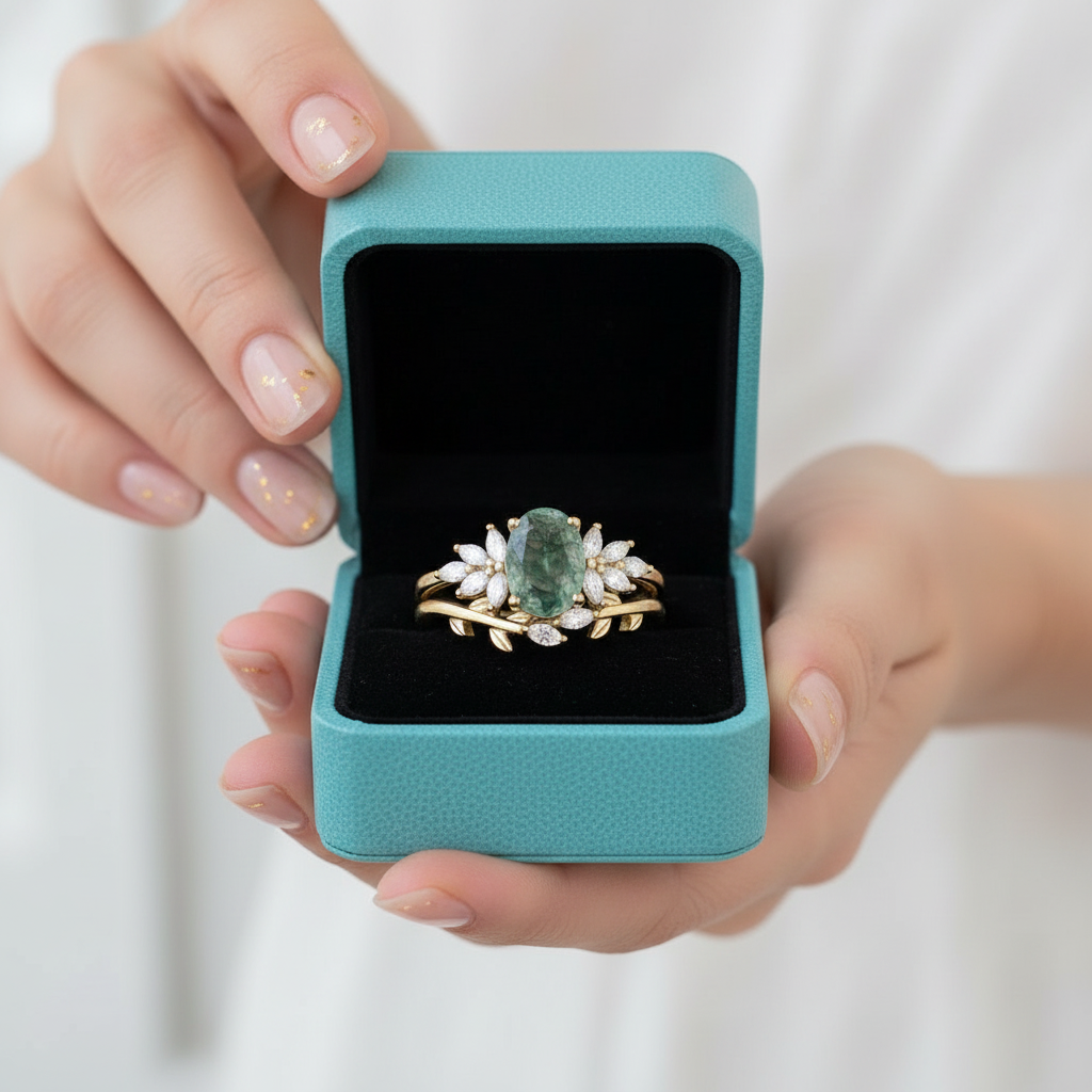 Wild and Gentle Vow- Oval Shaped Natural Moss Agate Engagement Ring - Evani Naomi Jewelry